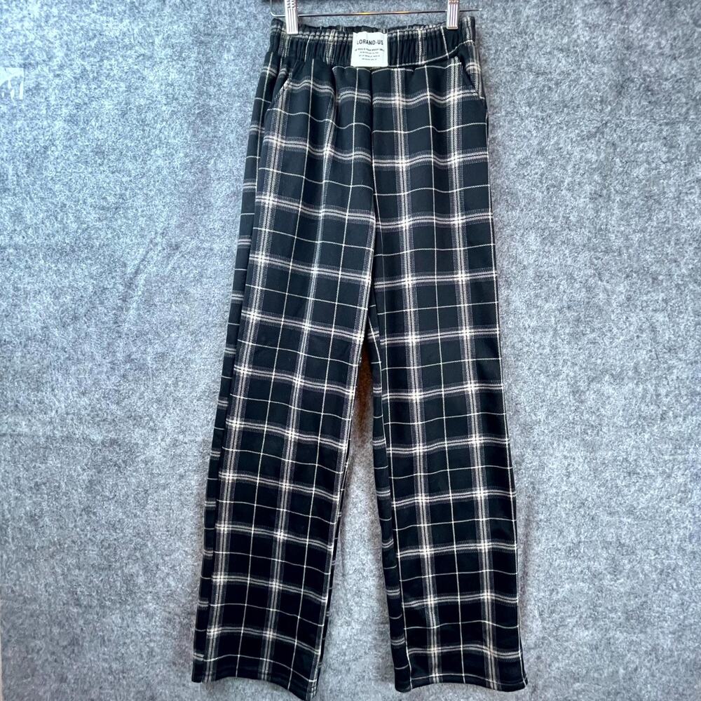 Lorand-Us Pants Women S Black Beige Plaid Stretch High Rise Straight Leg Pull On